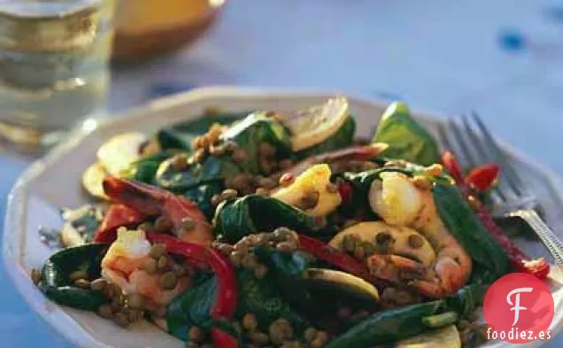 Ensalada de Espinacas y Lentejas al Curry con Camarones
