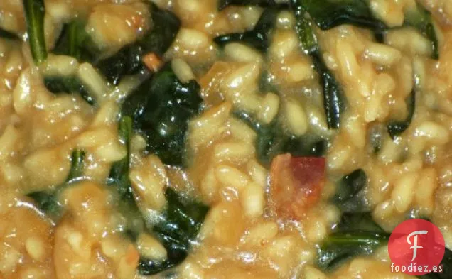 Risotto De Cebolla Caramelizada, Espinacas Y Tocino