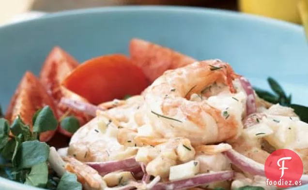Ensalada de Camarones y Frijoles Blancos con Aderezo Cremoso de Limón y Eneldo