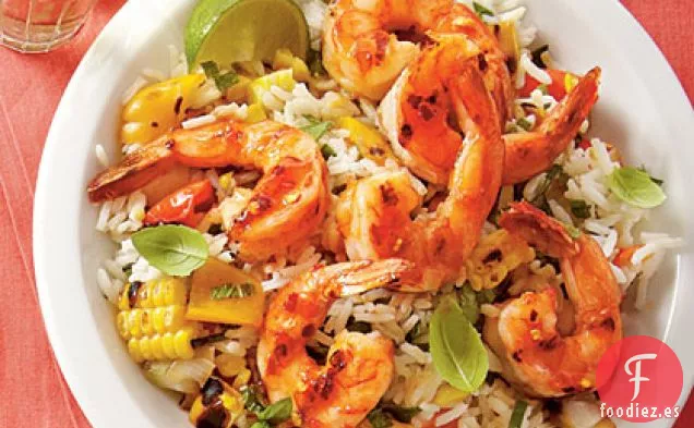 Arroz con Verduras y Camarones a la Lima a la Parrilla