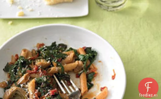 Penne De trigo integral Con Corazones De Salchichas, Acelgas Y Alcachofas