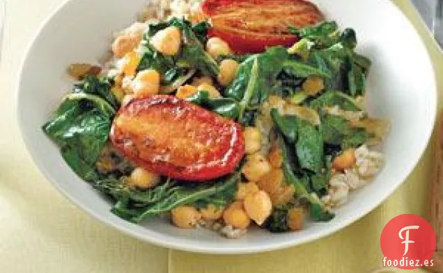 Garbanzos Con Acelgas Y Tomates Asados En Sartén