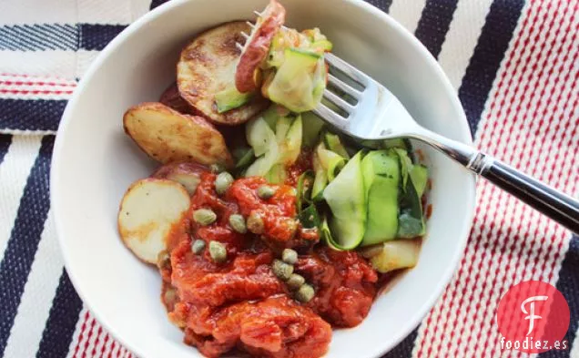 Calabacín Preparado y Puttanesca de Patata Asada