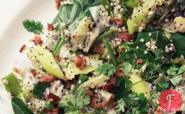 Ensalada Moteada con Quinua, Puerro, Tocino y Perifollo de Invierno Casero
