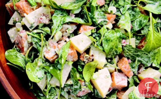 Ensalada de Dos Papas con Mostaza Criolla, Tocino y Rúcula