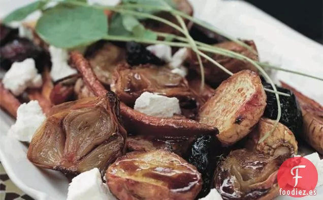 Tubérculos Asados Con Miel, Balsámico Y Queso Fresco De Cabra