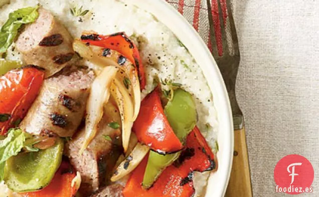 Pimientos Asados y Salchichas con Sémola de Queso