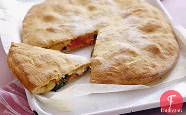 Tarta de pizza de jamón, espinacas y alcachofas