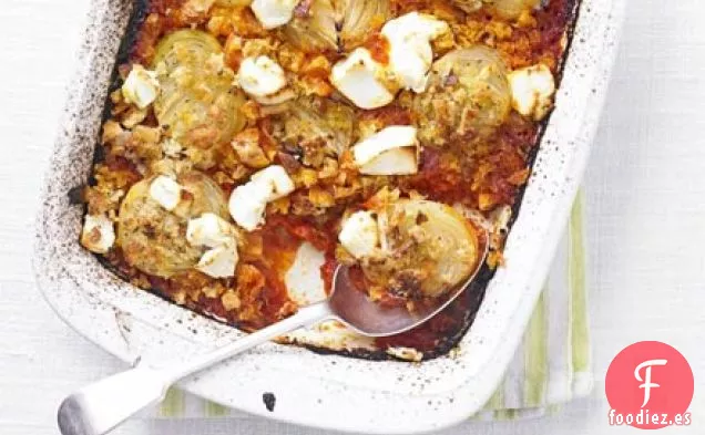 Hornear tomate y cebolla con queso de cabra