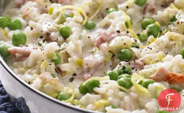Risotto de puerro y tocino al horno