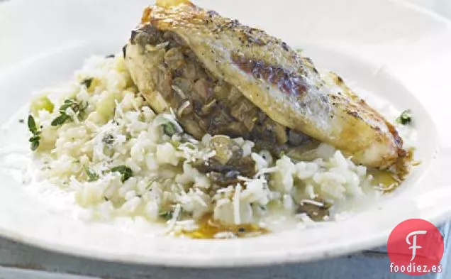 Pollo relleno de champiñones con risotto de tomillo y limón