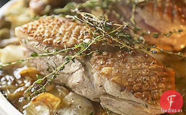 Pommes boulangère con cordero asado