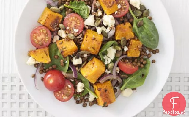 Ensalada tibia de calabaza asada y lentejas Puy