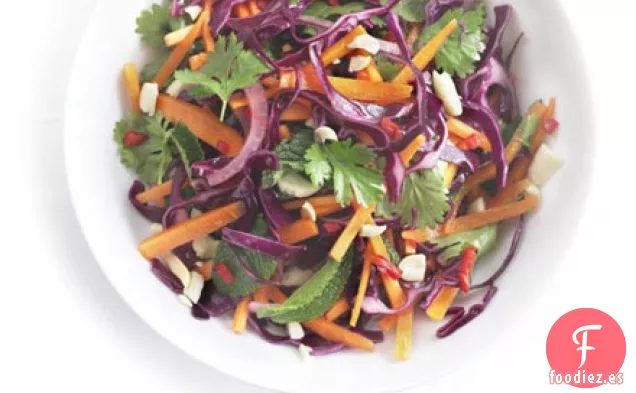 Ensalada picante de zanahoria, repollo rojo y cebolla