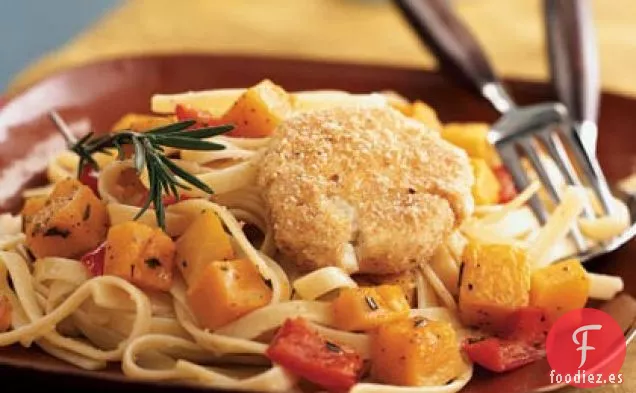Queso de Cabra al Horno y Calabaza de Invierno Asada sobre Fettuccine con Ajo