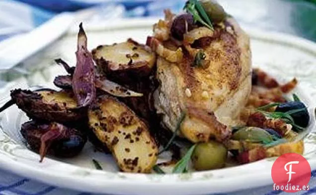 Pollo con estragón, ajo y aceitunas