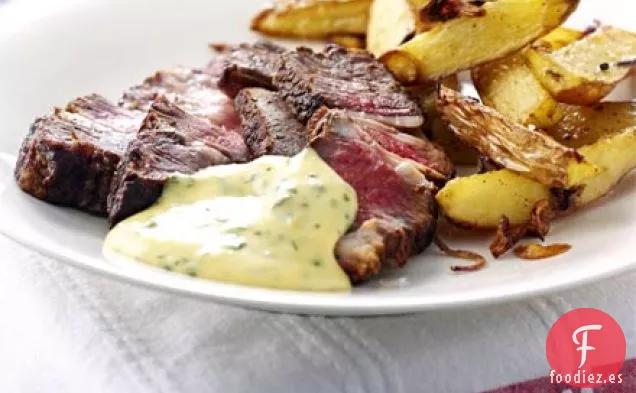 Filete de costilla con salsa holandesa de albahaca