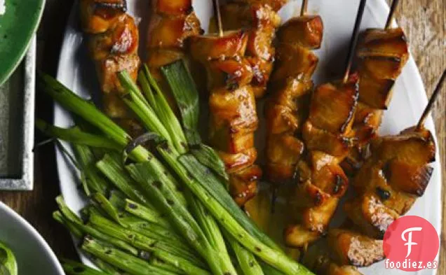 Brochetas de pollo teriyaki con cebolletas a la plancha