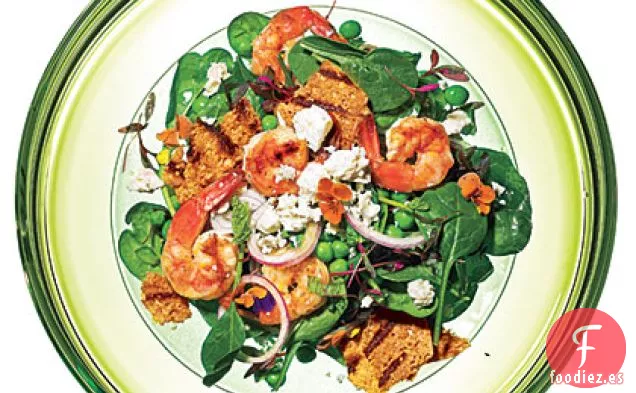 Ensalada de Espinacas y Guisantes con Camarones a la Parrilla