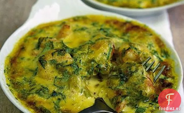 Gratinado de puerros y gambas