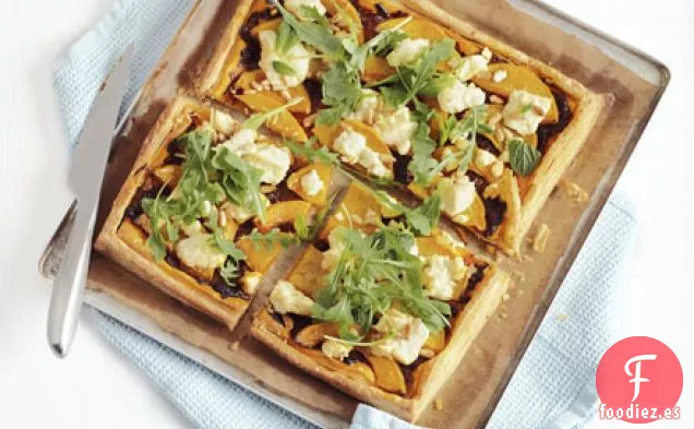 Tarta de calabaza, queso feta y piñones
