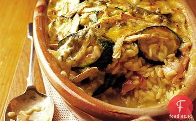 Calabacín, tocino y brie gratinado