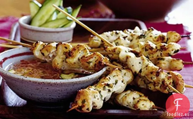 Brochetas de pollo con salsa de pepino y chalota