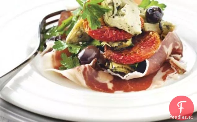 Tomates asados lentamente con jamón ibérico y alcachofas