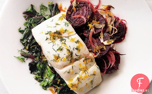 Fletán con Remolacha Asada, Hojas de Remolacha y Gremolata de Naranja Eneldo