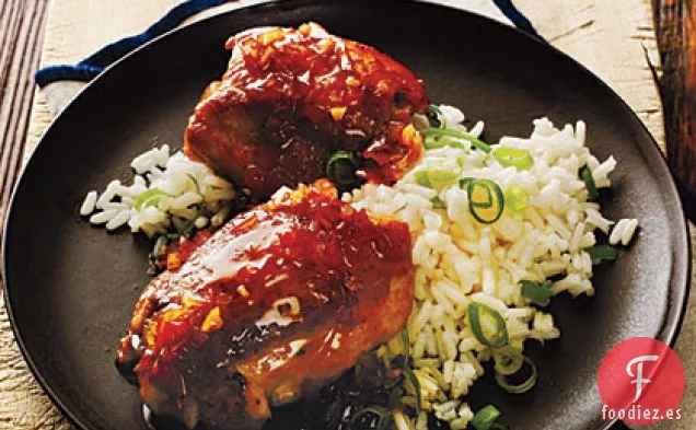 Muslos de Pollo con Jengibre y Soja con Arroz de Cebolleta