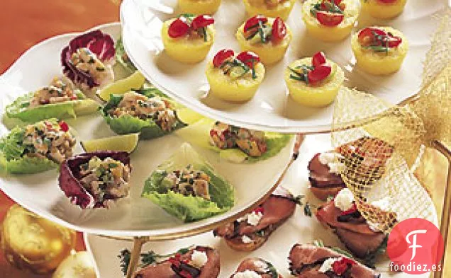 Carne Asada y Crostini de Rúcula con Condimento de Pimiento Rojo Oliva