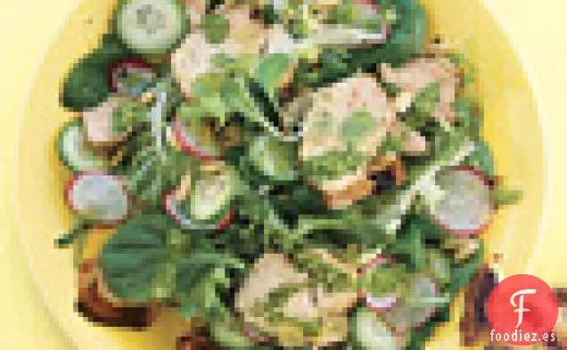 Ensalada de Pollo a la Parrilla con Rábanos, Pepinos y Pesto de Estragón