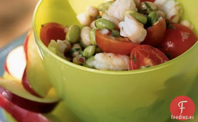 Ensalada de Edamame y Frijoles con Camarones y Salsa Fresca