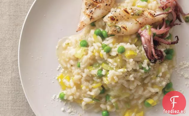 Risotto de Puerros y Guisantes con Calamares a la parrilla