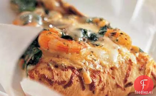 Pizza de Camarones, Espinacas y Albahaca Bianca
