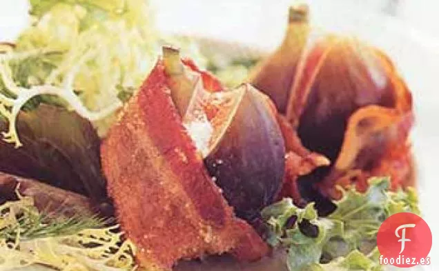 Ensalada de Mesclun con Higos Rellenos de Queso de Cabra Envueltos en Tocino