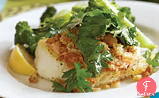 Bacalao o Eglefino Asado al Fuego con AÃoli de Rábano Picante y Migas de Pan con Ralladura de Limón