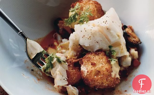 Bacalao con Mejillones, Chorizo, Crutones Fritos y Mayonesa de Azafrán