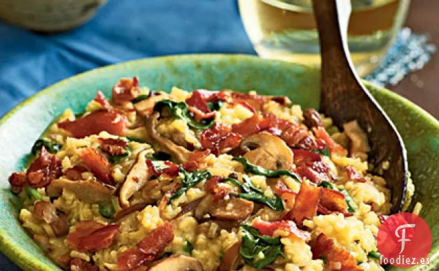 Risotto de Tocino y Champiñones Silvestres con Espinacas Bebé