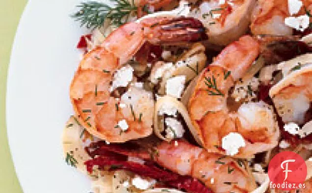 Camarones con Hinojo, Eneldo y queso Feta