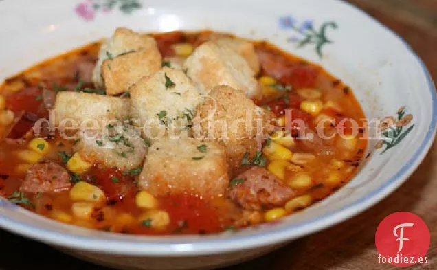 Salchicha Cajún Picante y Sopa de Maíz