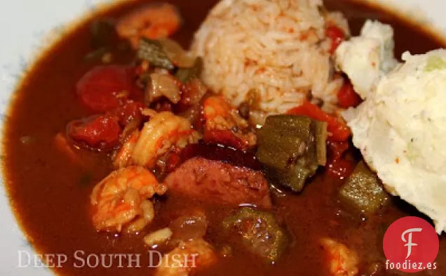 Gumbo de Camarones y Salchichas con Roux de microondas