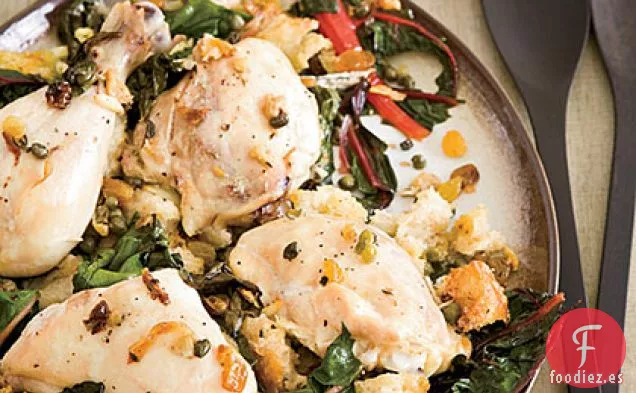 Pollo al horno sobre una Cama de Pan y Acelgas Suizas