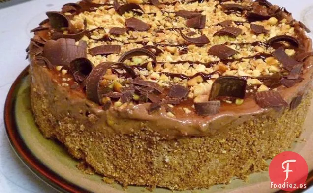 Pastel De Mousse De Remolino De Mantequilla De Maní De Chocolate Vegano Con Salsa De Agave De Mantequilla De Maní De Chocolate