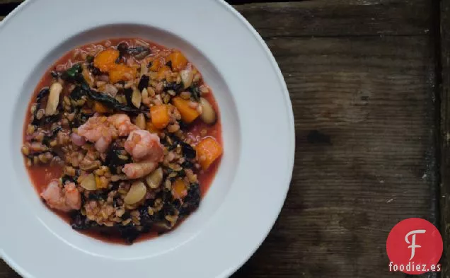 Risotto de Espino y Camarones Manchados con Calabaza y Almendras