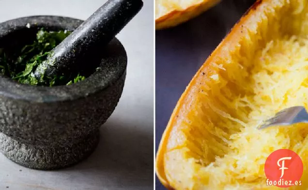 Calabaza Espagueti Con Lentejas Beluga, Pesto De Perejil y Shiitake
