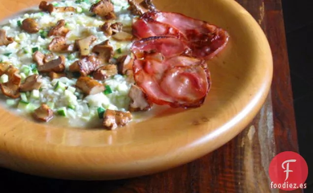 Risotto de Rebozuelos con Calabacín y Jamón Frito