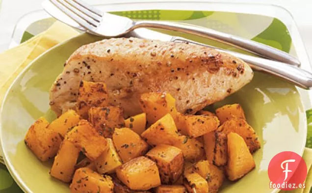 Pechugas de Pollo Asadas y Calabaza con Salsa de Vino a Base de Hierbas