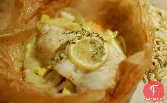 Bacalao En Papillote Con Verduras Frescas Y Limón