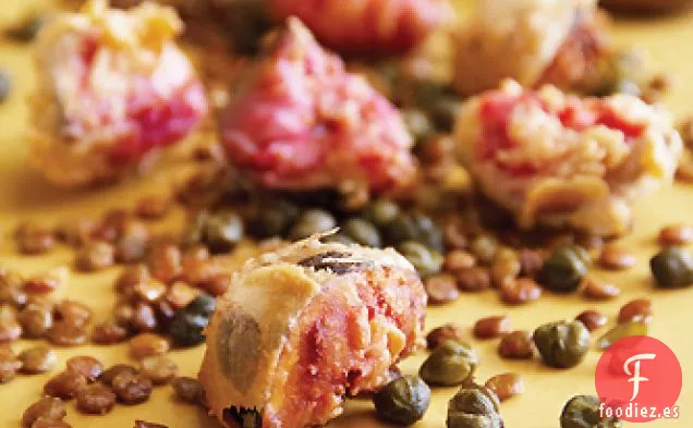 Higos Fritos y Alcaparras Piccolo Frito con Lentejas Crujientes